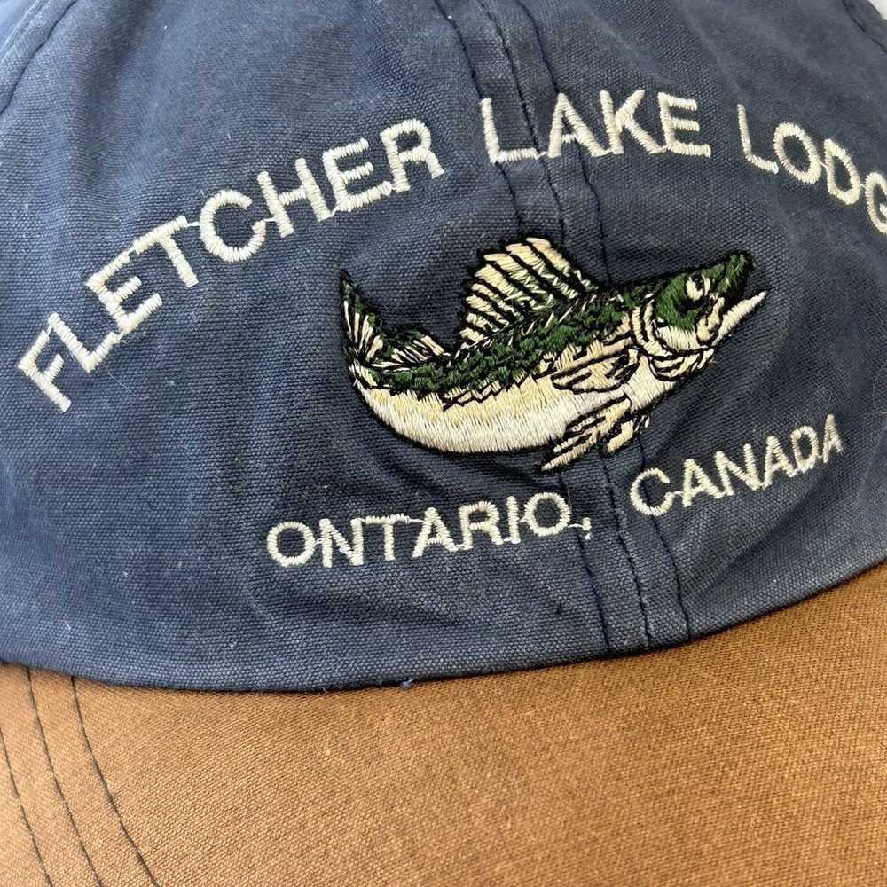 Fletcher Lake Lodge Ontario Canada Fish Logo Strapback Hat OSFM Blue Brown - Picture 2 of 12